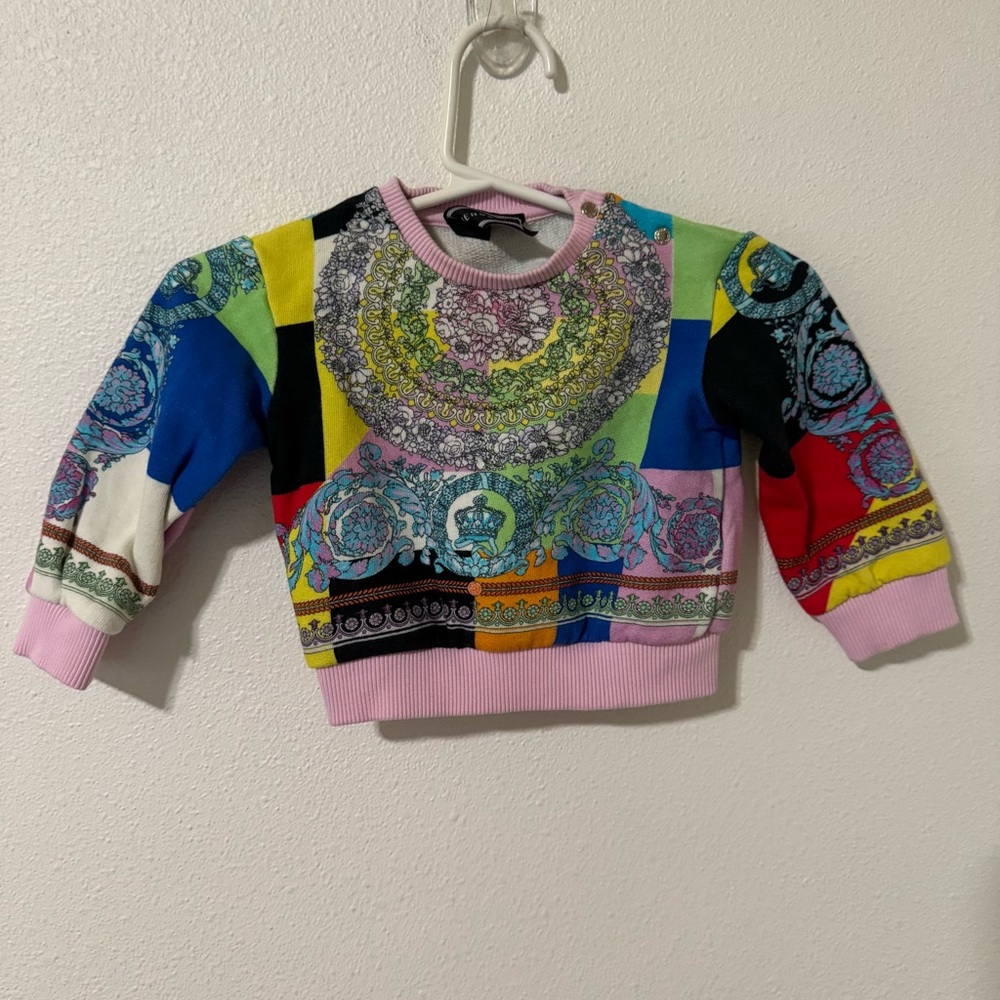 Versace Barocco Patchwork Print Sweatshirt Multicolor Pink Trim Snap Shoulder-9M